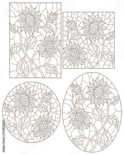 A set of contour illustrations of stained glass Windows with sunflowers, dark contours on a white background