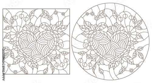 A set of contour illustrations in the style of stained glass with flower arrangements, dark contours on a white background