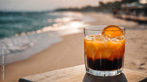 A glass of fresh iced orange americano decorated with sliced       orange holding by hand on the beach view  seascape  vertical style. Cold black coffee with orange juice  mixing mocktail drink