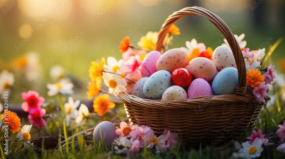 colorful Easter eggs in a wooden basket with green natural background with morning sunrays.