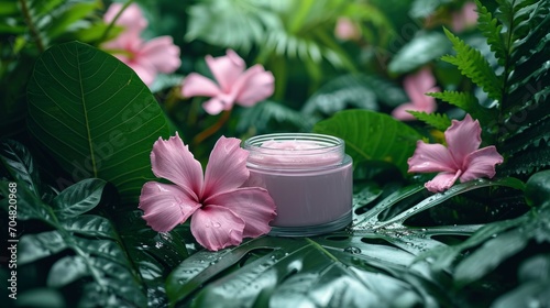 Minimalist women s cosmetics packaging Product In the lush summer garden  the delicate pink floral beauty of the tropical flower stood out among the vibrant green leaves  serene spa ambiance with its