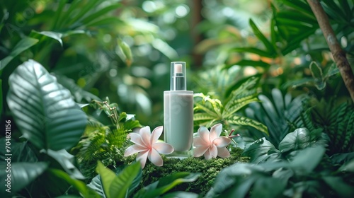 Minimalist women's cosmetics packaging Product In the lush summer garden, the delicate pink floral beauty of the tropical flower stood out among the vibrant green leaves, serene spa ambiance with its