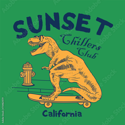 funny skater dinosaur chilling in city