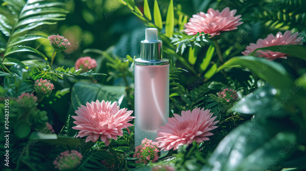 Minimalist women's cosmetics packaging Product In the lush summer garden, the delicate pink floral beauty of the tropical flower stood out among the vibrant green leaves, serene spa ambiance with its Minimalist women's cosmetics packaging Product In the lush summer garden, the delicate pink floral beauty of the tropical flower stood out among the vibrant green leaves, serene spa ambiance with its