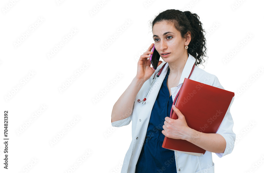 Female doctor in medical gown talking by phone holds folder consulting patient looks away. nurse against transparent background males call. Medicine, hospital. Medical employee working Female doctor in medical gown talking by phone holds folder consulting patient looks away. nurse against transparent background males call. Medicine, hospital. Medical employee working