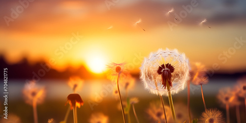 field of grass,Dandelion flower on the background of the sunset on the lakegenerative ai,Dandelion seeds blowing in the wind,Dandelion Clocks shadow at dusk. silhouette concept  photo