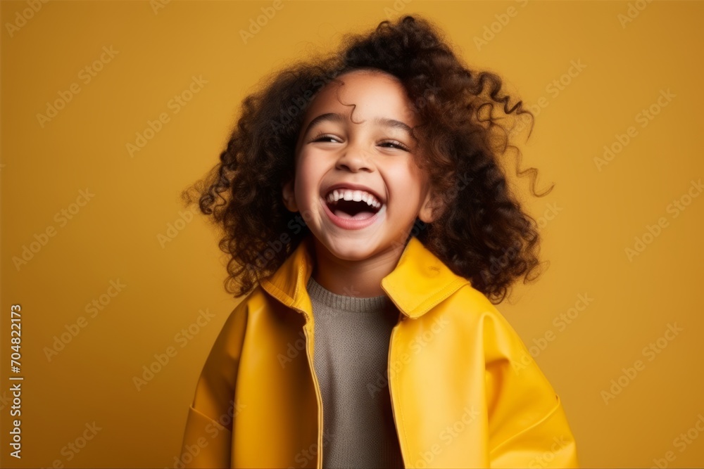 Portrait of a cute little african american girl laughing over yellow background Portrait of a cute little african american girl laughing over yellow background