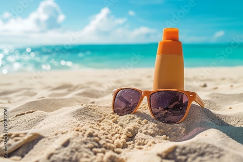 Sunscreen Lotion And Sunglasses On Sandy Beach Background