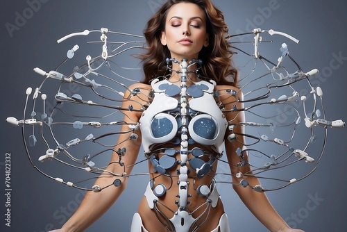 Mujer futurista, con sensores sobre el cuerpo, conexiones neuronales, tecnología del futuro, implantes neuronales photo