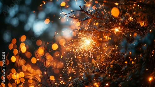 Festive Sparkler Amidst Twinkling Christmas Tree Lights