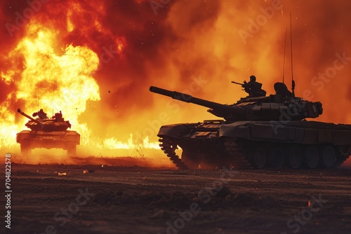 Armored tanks exploded on a mine and is on fire. 