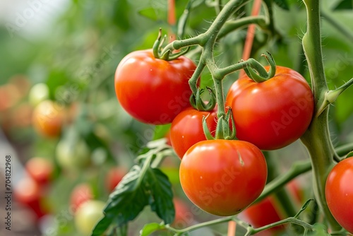 Ripe tomatoes on the vine in an organic greenhouse