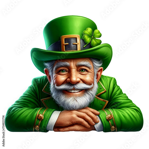 A happy modern day Leprechaun celebrating St. Patrick's Day isolated on a transparent background