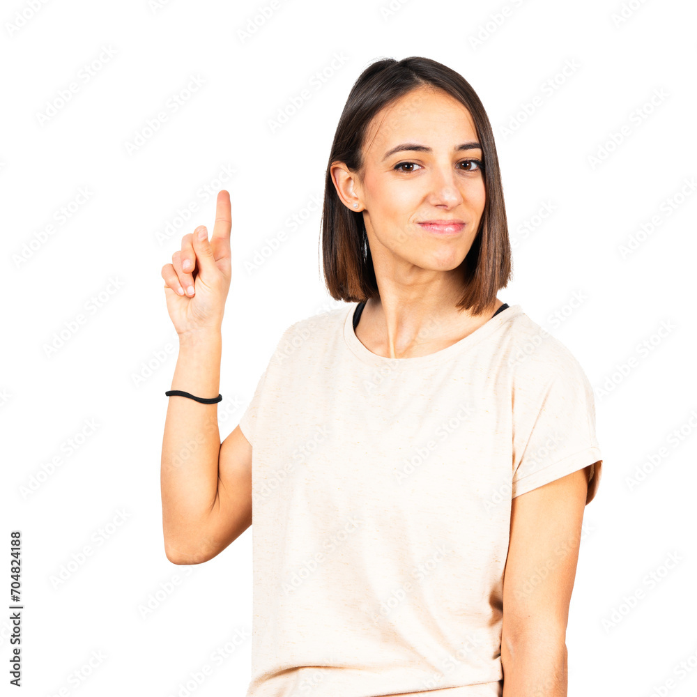 Smiling hispanic woman pointing up Smiling hispanic woman pointing up