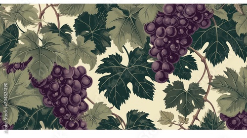  a close up of a bunch of grapes on a vine with leaves on a white background with green and purple colors.