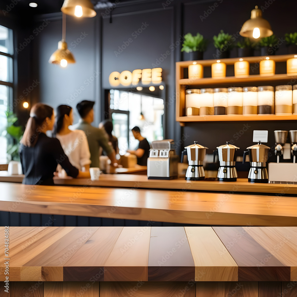 wooden tabletop with bright blur coffee shop with people in walking in blurred motion.