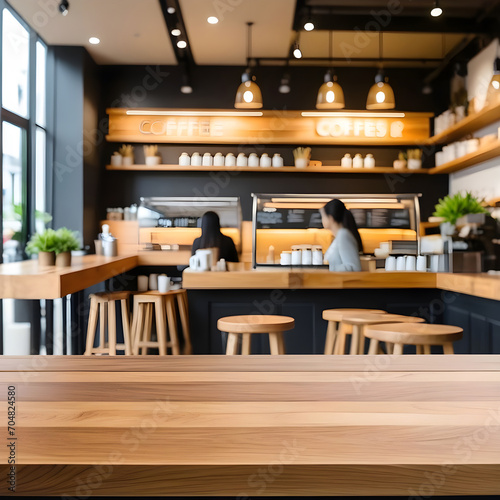 wooden tabletop with bright blur coffee shop with people in walking in blurred motion.