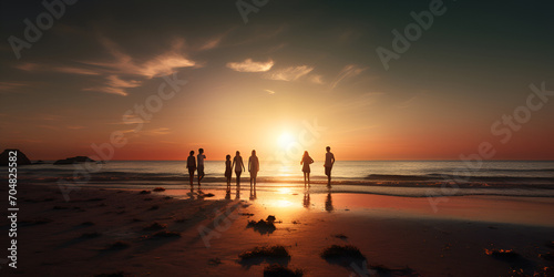 sunset at the beach Family enjoys sunset on tropical coastline together generated by AI Family enjoys sunset on tropical coastline together generated by AI Silhouette of group of friends are having 