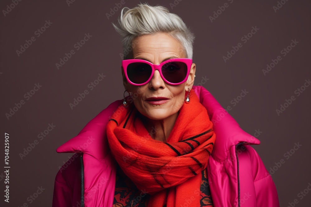 Fashionable senior woman in pink sunglasses, scarf and pink jacket.