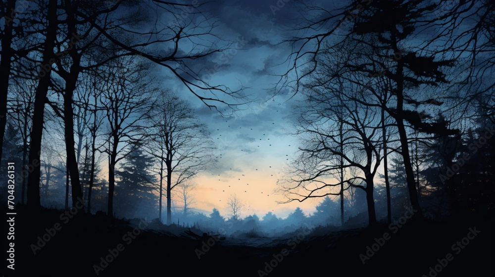Naklejka premium A twilight forest scene with silhouetted trees against the deepening sky, capturing the transition from day to night