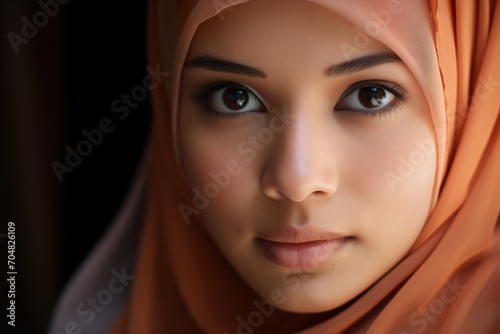 Portrait of pretty muslim girl wearing turban style hijab on dark background studio