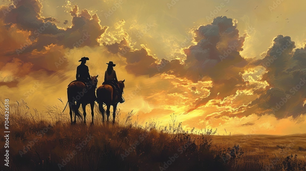  a painting of two people riding horses in a field with a sunset in the background and clouds in the sky.