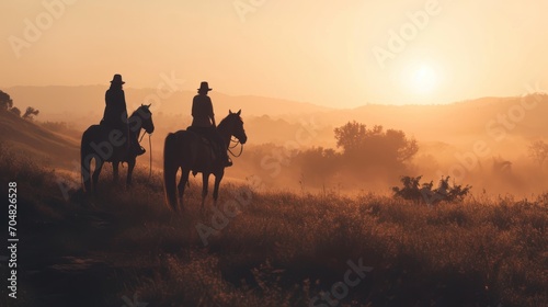  a group of people riding on the backs of horses in a field of grass and trees as the sun goes down.