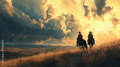  a couple of people riding on the back of horses across a grass covered field under a sky filled with clouds.