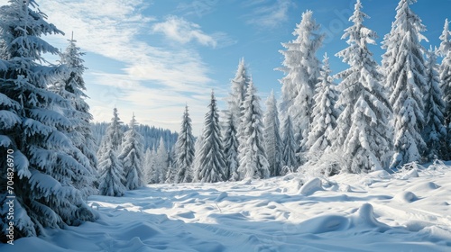  a snow covered forest filled with lots of tall pine trees under a blue sky with a few wispy clouds.
