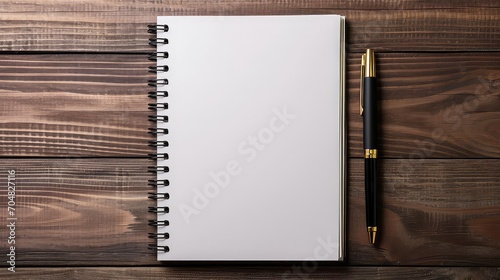 Mockup blank space on spiral notebook. White template on sketch book, vertical full page with black and gold pen. Top view of paper for draw, note, to do list for creative design photo