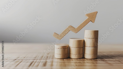 Upward arrow on round wooden sticks as business graph steps isolated on wood desk with copy space. Business growth graph process, goal, success, and economic improvement concepts.