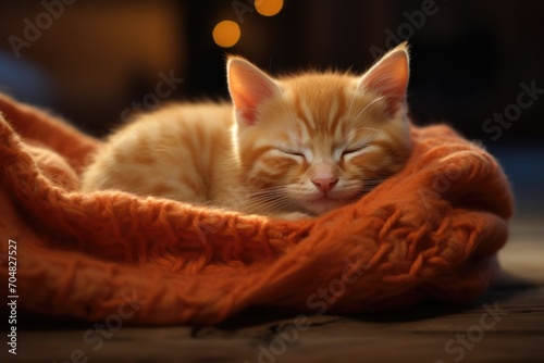 A cute little red kitten is sleeping wrapped in blanket. Autumn cold. © P