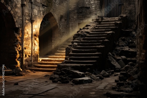 The sun s rays illuminate the stairs leading from the dungeon.