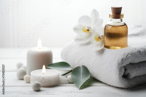 High angle view about beauty treatment items for spa procedures  like massage stones  essential oils and towels  decorate white flowers  on a white wooden table.