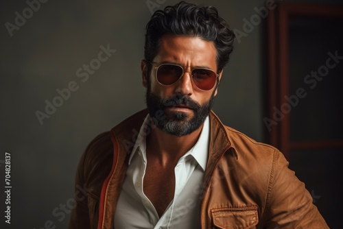 Portrait of a handsome bearded Indian man in a brown jacket and sunglasses.