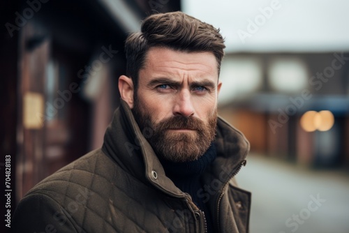 Portrait of a handsome young man with a beard and mustache wearing a warm jacket.