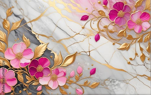 Gold marble luxury background texture design with pink flowers for wedding invitation card, cover, packaging , fashion vector template