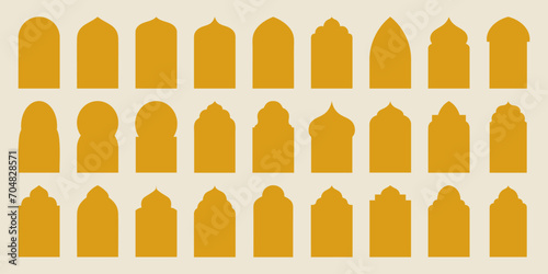 Set arabic arch frame window mosque. Islam traditional geometric shape doors. Ramadan and Eid mubarak. Modern vector illustration