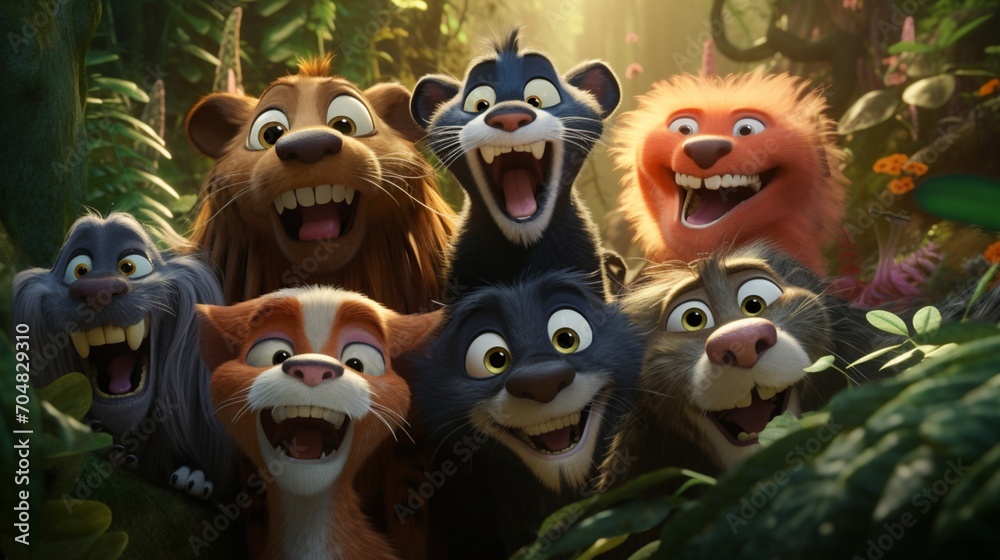 A close-up of animated jungle creatures from the Jungle Book, showcasing their expressive features and personalities in a realistic and captivating manner.