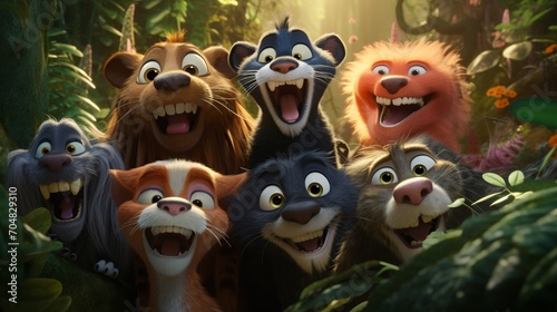A close-up of animated jungle creatures from the Jungle Book, showcasing their expressive features and personalities in a realistic and captivating manner.