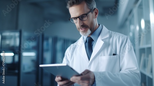 Portrait of a handsome senir male scientist microbiologist using a digital tablet computer to analyze data in a modern medical research laboratory. Genetics, medicine, advanced technologies concepts.