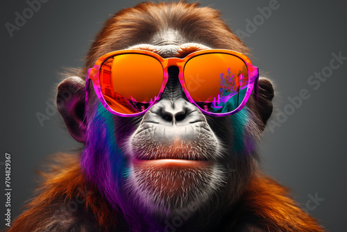 Colorful portrait of smiling happy monkey wearing fashionable sunglasses with hairstyle on monochrome background © Ainur
