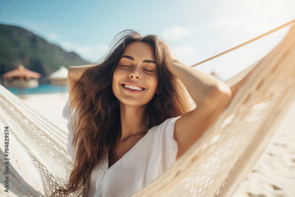 A young girl enjoys life in a hammock on the coast near palm trees. A young girl enjoys life in a hammock on the coast near palm trees.