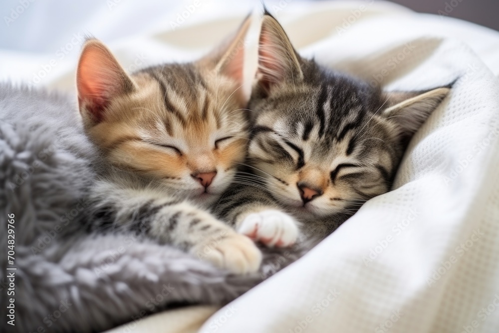 Two striped kittens are lying and sleeping in embrace