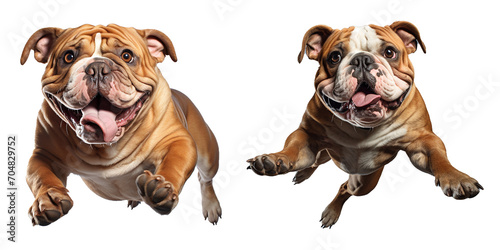 Set of cute bulldog isolated on transparent background. Adorable bulldog jumping and sticking out tongue. Generative AI