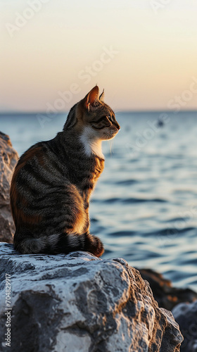 design for ad. cat sitting on the rocks on beach. relaxing. sunset. kitten, pet, ocean, sea