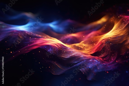 Abstract neon multicolor particles background. Glowing bokeh waves and surface grid.