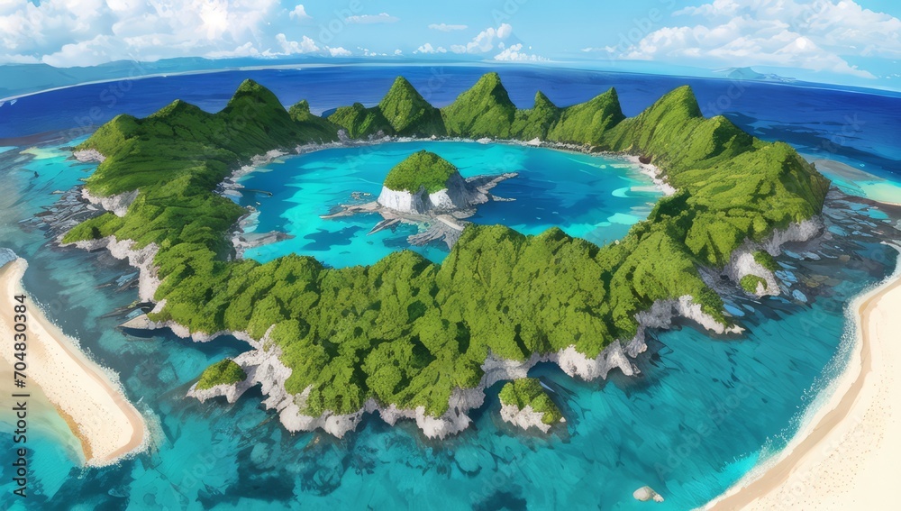 a small island with a sandy beach and a few small islands