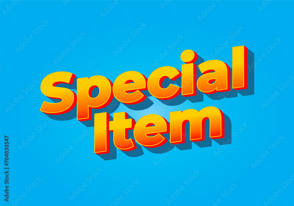 Special item. Text effect in 3D look. Yellow red color. Bright blue background