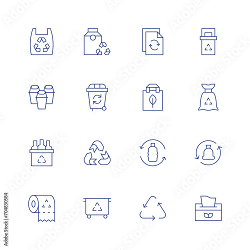 Recycling line icon set on transparent background with editable stroke. Containing recycle, recycling, recycling point, recycle bin, eco packaging, trash, recycled paper, recycled bag, recyclable.
